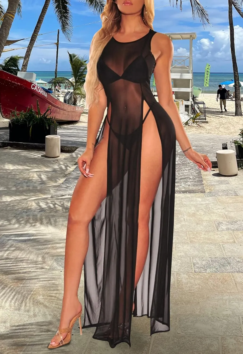 Women's Swimsuit Beach Bikini Cover up Sheer Mesh Dress Sexy See Through Mesh Tops Beachwear