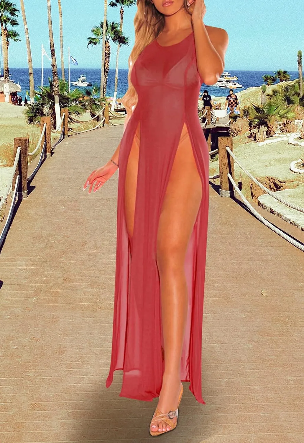 Women's Swimsuit Beach Bikini Cover up Sheer Mesh Dress Sexy See Through Mesh Tops Beachwear