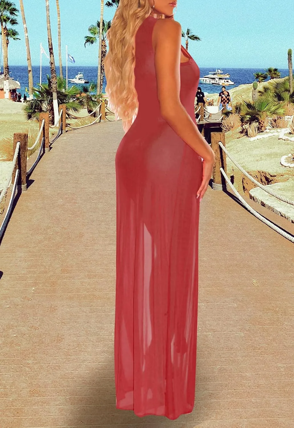 Women's Swimsuit Beach Bikini Cover up Sheer Mesh Dress Sexy See Through Mesh Tops Beachwear