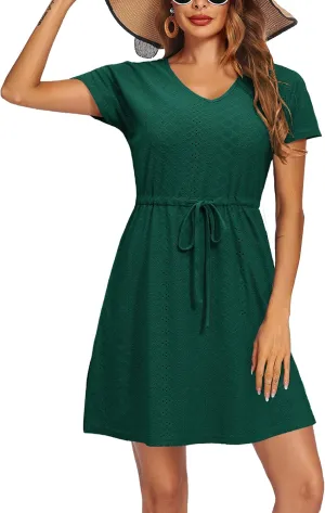 Women's Swimsuit Cover Ups V-Neck Drawstring Slit Eyelet Embroidery Bikini Beachwear Flowy Short Sleeve Beach Dress