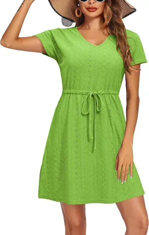 Women's Swimsuit Cover Ups V-Neck Drawstring Slit Eyelet Embroidery Bikini Beachwear Flowy Short Sleeve Beach Dress