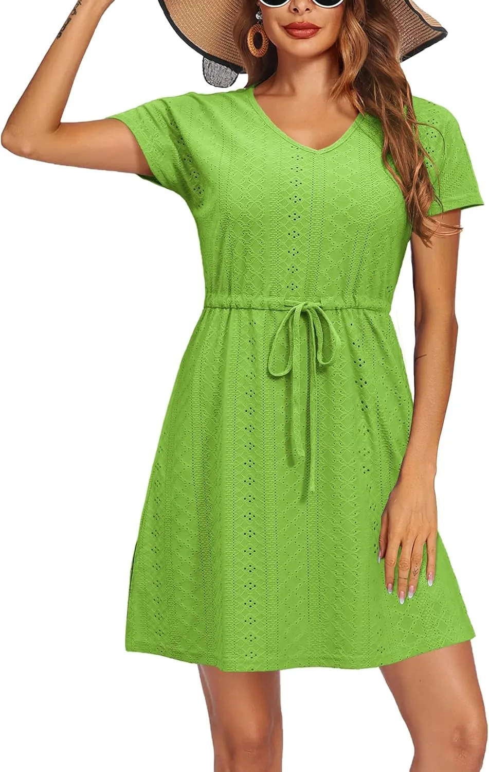 Women's Swimsuit Cover Ups V-Neck Drawstring Slit Eyelet Embroidery Bikini Beachwear Flowy Short Sleeve Beach Dress