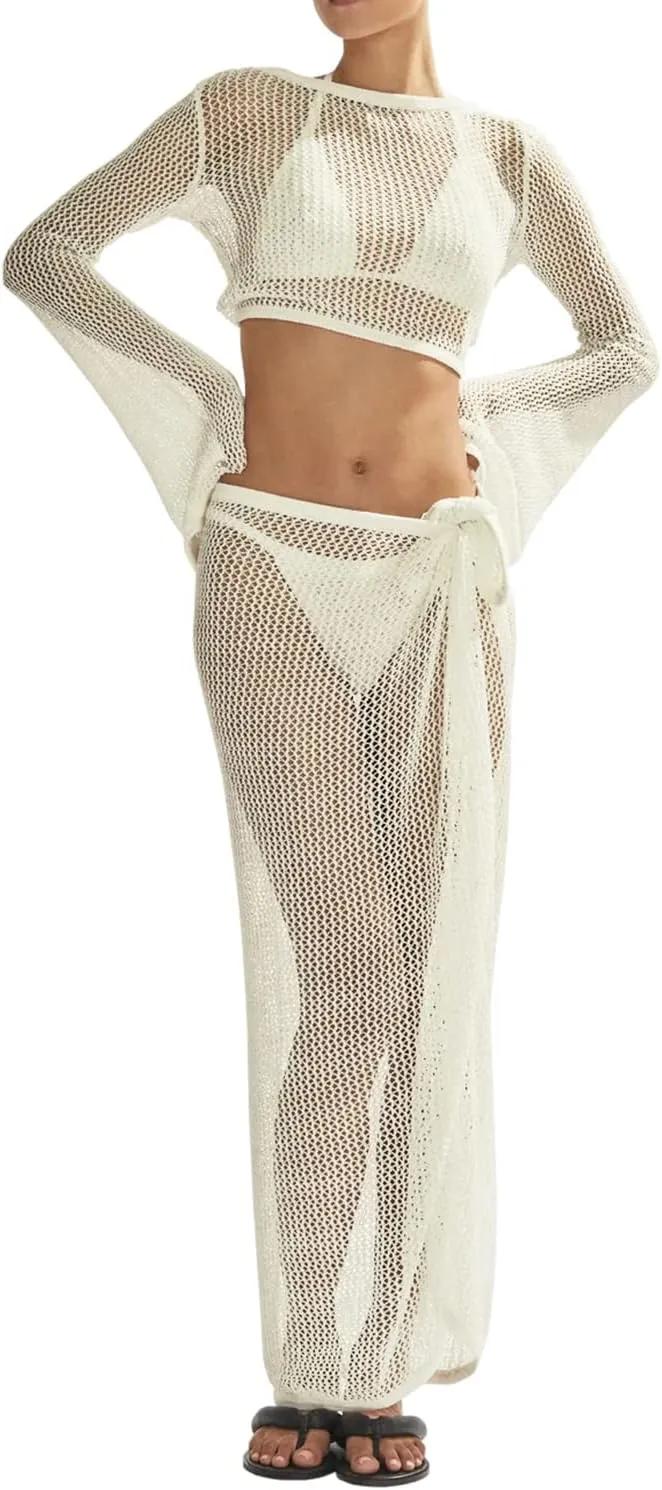 Women's Swimsuits Cover Ups Set for Crochet Bathing Suit Hollow Out 2 Piece Bikini Coverup Beach Swimwear