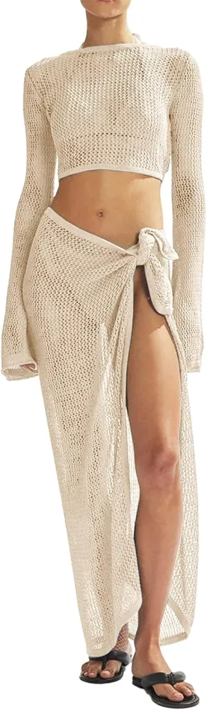 Women's Swimsuits Cover Ups Set for Crochet Bathing Suit Hollow Out 2 Piece Bikini Coverup Beach Swimwear