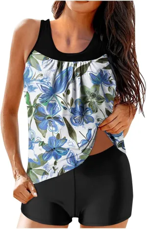 Womens Tankini Swimsuits 2025 Sports Tummy Control Printed Bathing Suits Two Piece Swimwear Tank Top with Shorts 2025