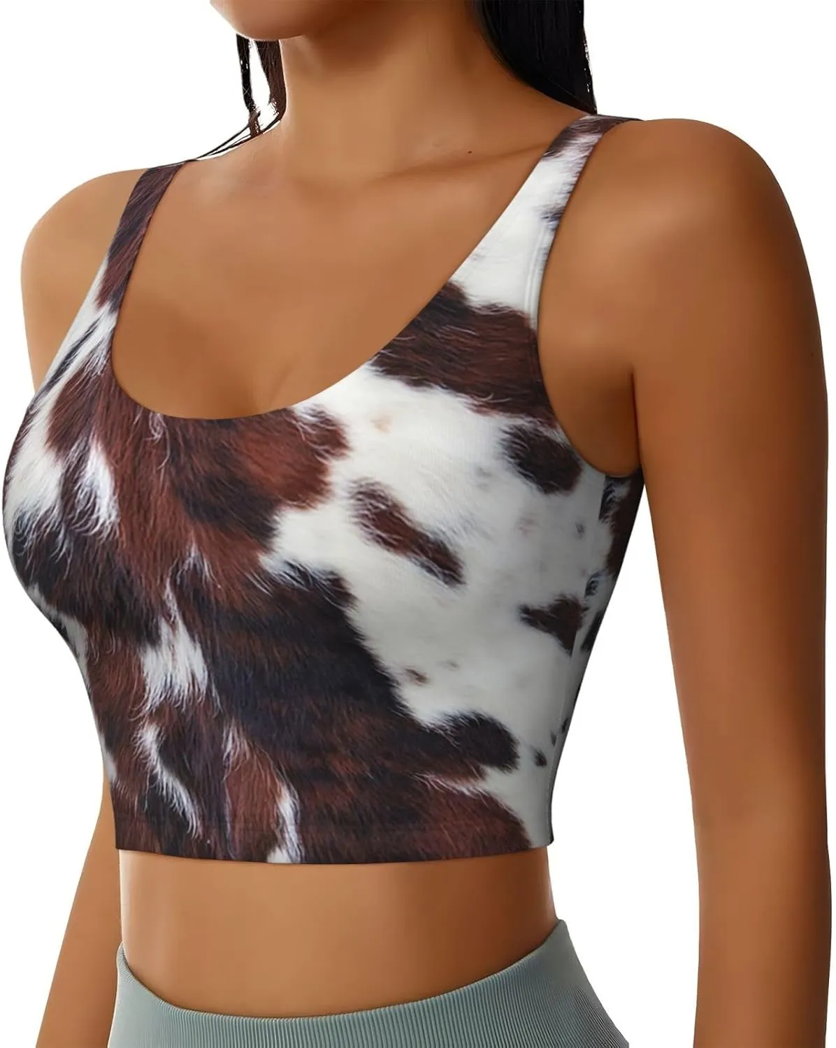 Womens U Back Longline Sports Bra Longhorn White Cowhide with Black and Brown Spots Yoga Workout Cami Crop Top