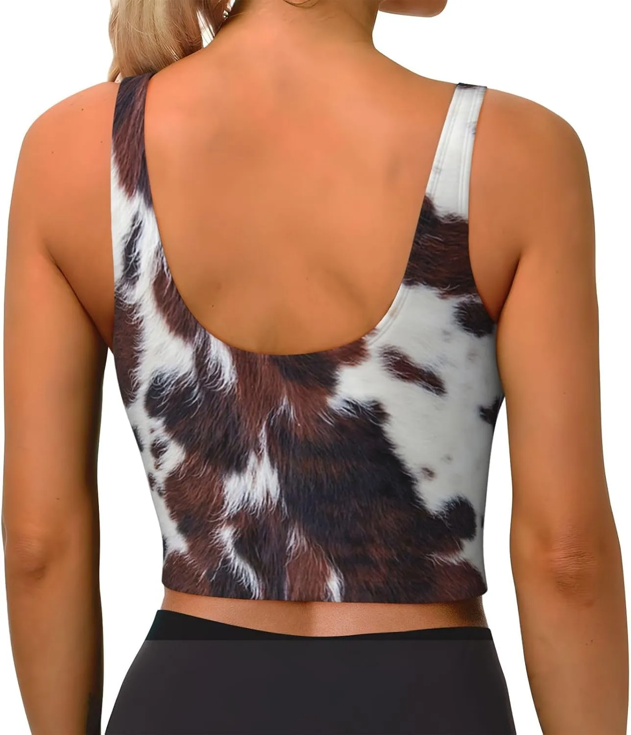 Womens U Back Longline Sports Bra Longhorn White Cowhide with Black and Brown Spots Yoga Workout Cami Crop Top