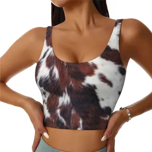 Womens U Back Longline Sports Bra Longhorn White Cowhide with Black and Brown Spots Yoga Workout Cami Crop Top