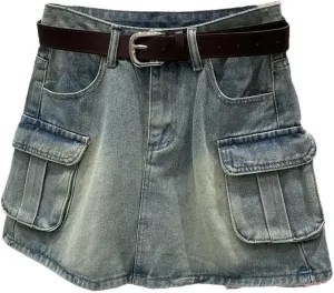 Women's Vintage Gothic Y2K Mini Skirt Harajuku Multi Pocket Denim Plaid Streetwear Casual Sexy Skirt