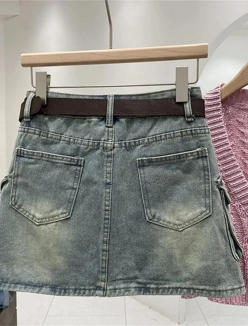 Women's Vintage Gothic Y2K Mini Skirt Harajuku Multi Pocket Denim Plaid Streetwear Casual Sexy Skirt