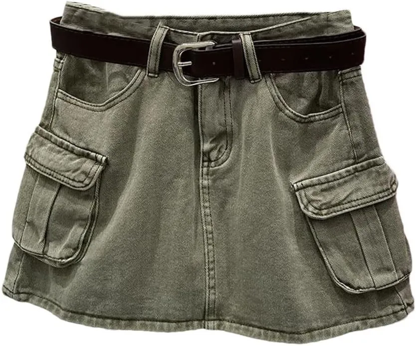 Women's Vintage Gothic Y2K Mini Skirt Harajuku Multi Pocket Denim Plaid Streetwear Casual Sexy Skirt