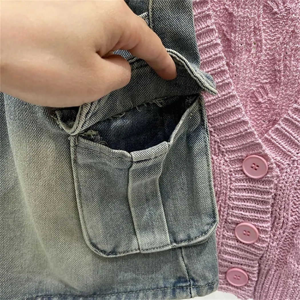 Women's Vintage Gothic Y2K Mini Skirt Harajuku Multi Pocket Denim Plaid Streetwear Casual Sexy Skirt