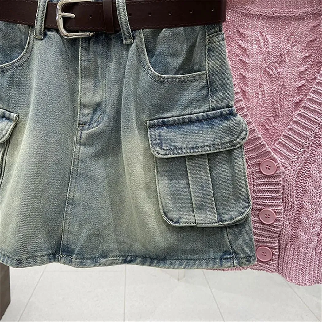 Women's Vintage Gothic Y2K Mini Skirt Harajuku Multi Pocket Denim Plaid Streetwear Casual Sexy Skirt