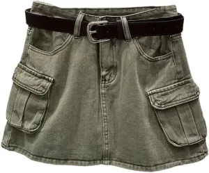 Women's Vintage Gothic Y2K Mini Skirt Harajuku Multi Pocket Denim Plaid Streetwear Casual Sexy Skirt