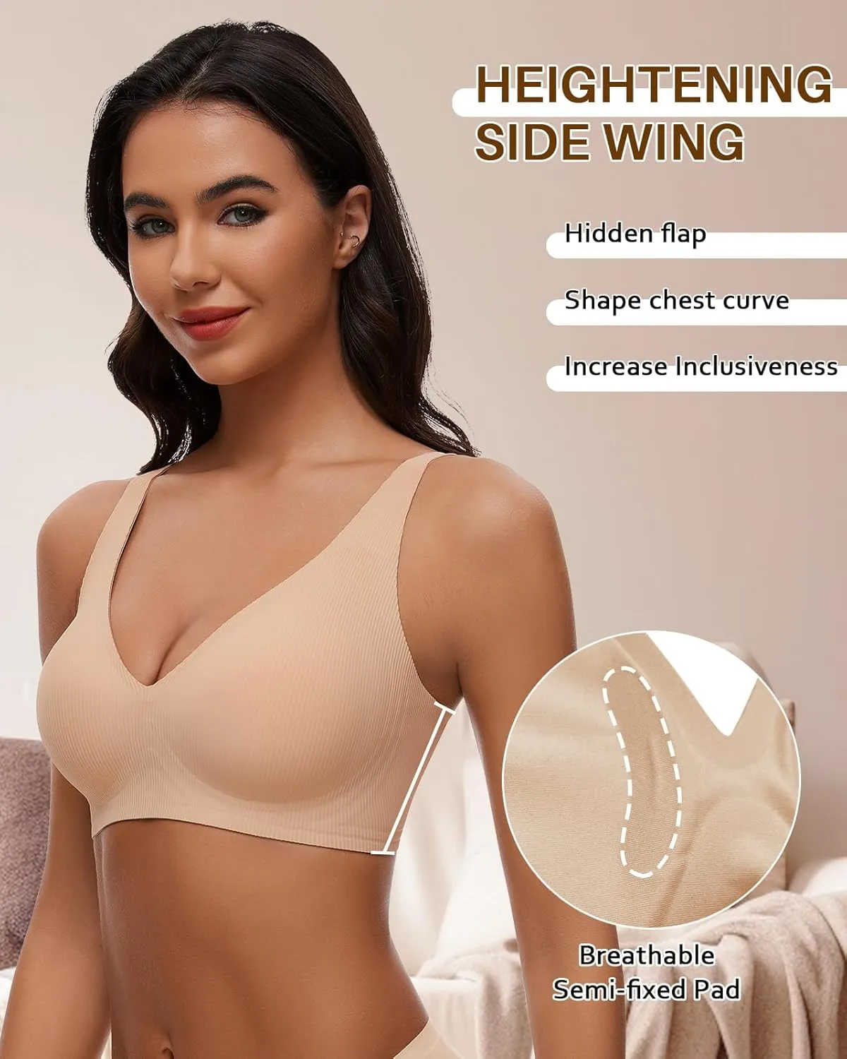 WOWENY Wireless Bras for Women No Underwire Full Coverage Seamless Push Up Bra Comfort Deep V Bralettes with Support