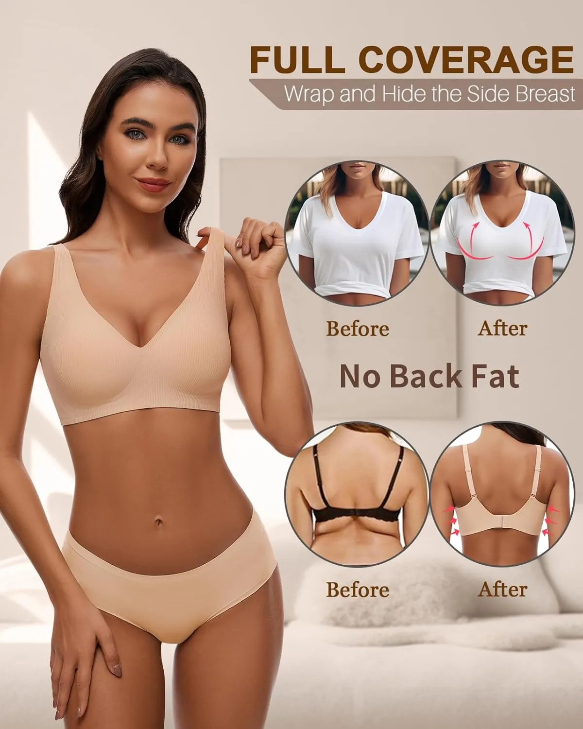 WOWENY Wireless Bras for Women No Underwire Full Coverage Seamless Push Up Bra Comfort Deep V Bralettes with Support