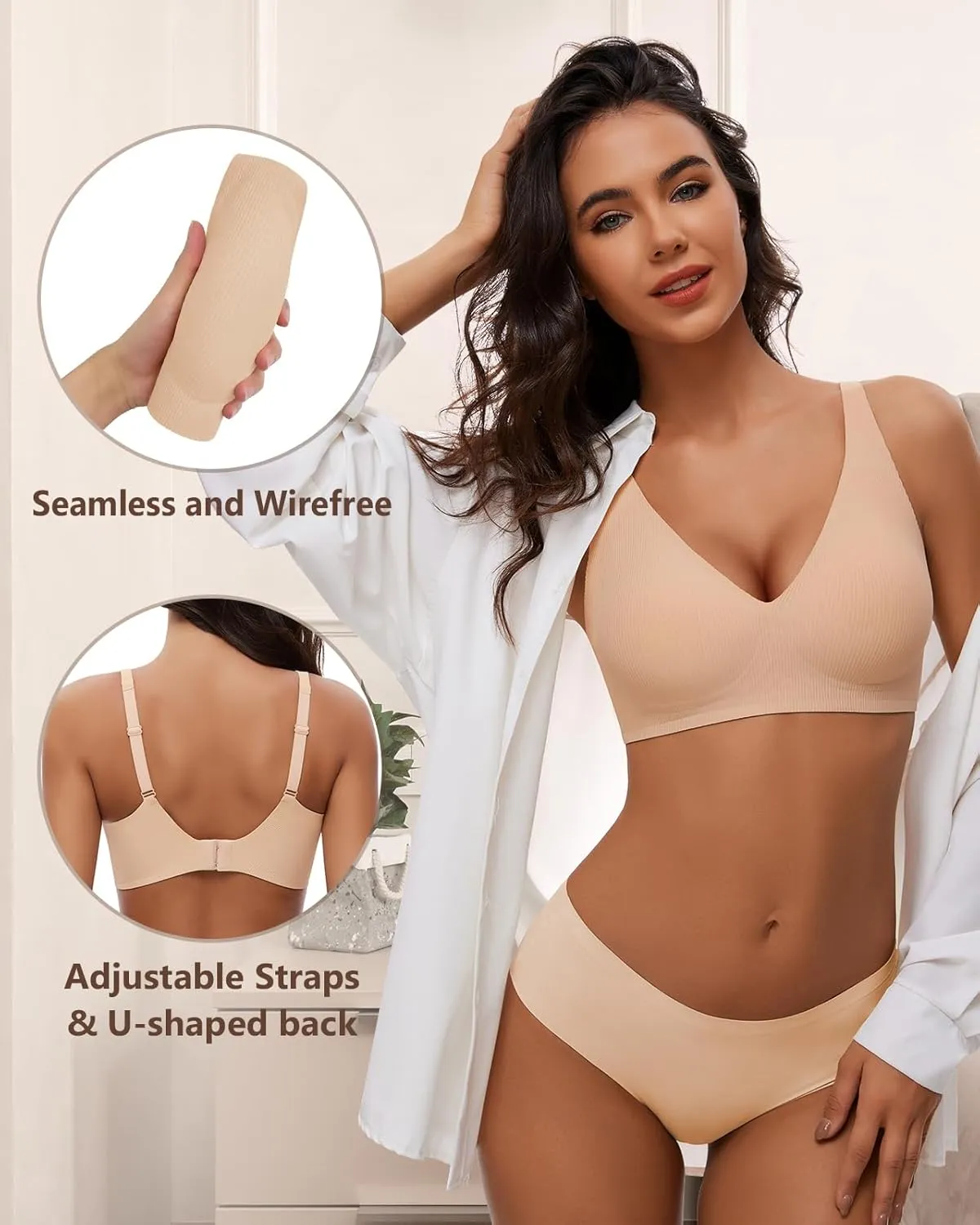 WOWENY Wireless Bras for Women No Underwire Full Coverage Seamless Push Up Bra Comfort Deep V Bralettes with Support