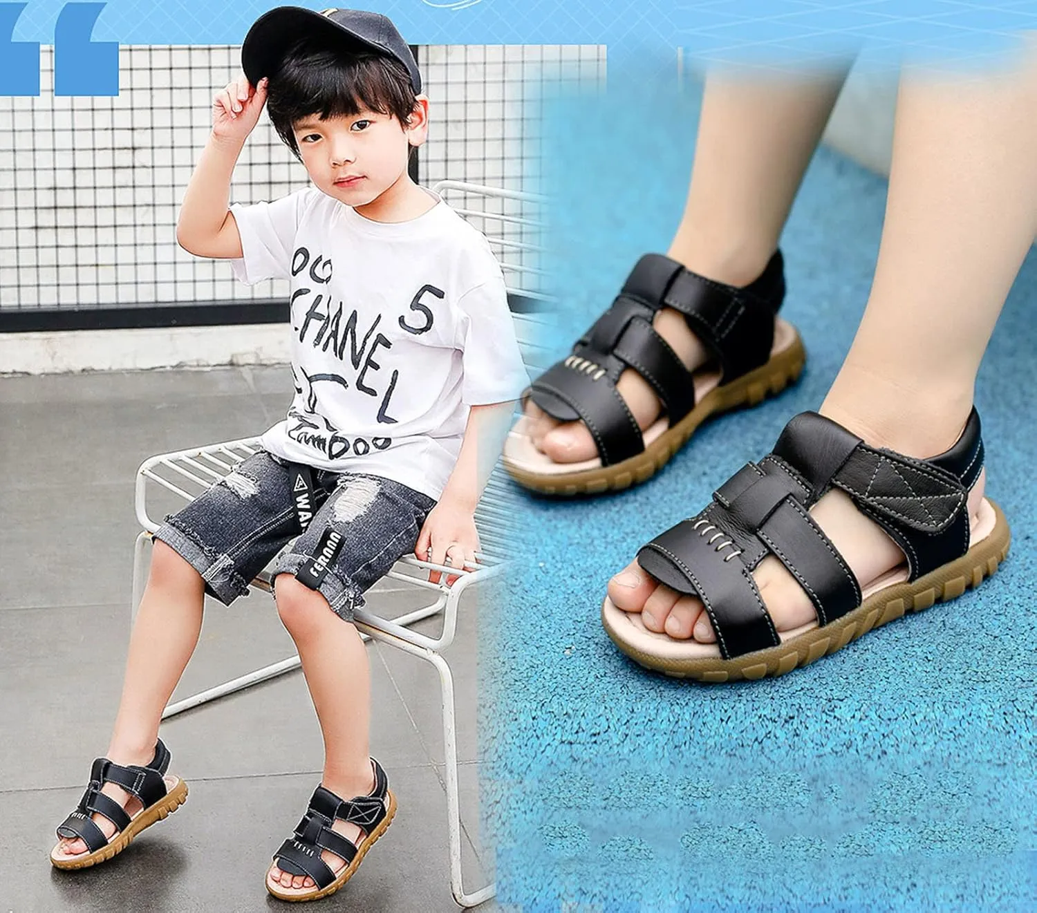 WUIWUIYU Boys Girls Outdoor Casual Open Toe Sport Sandals Beach Water Swimming Athletic Leather Summer Shoes