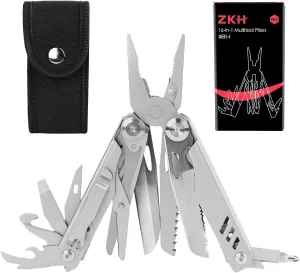 ZKH 16 in 1 Multi Tool, EDC Multitool Knife, Professional Stainless Steel Multitool Pliers with Safety Locks, Belt Clip and Sheath, Use for Survival, Camping, Hiking, Home, Simple Repairs