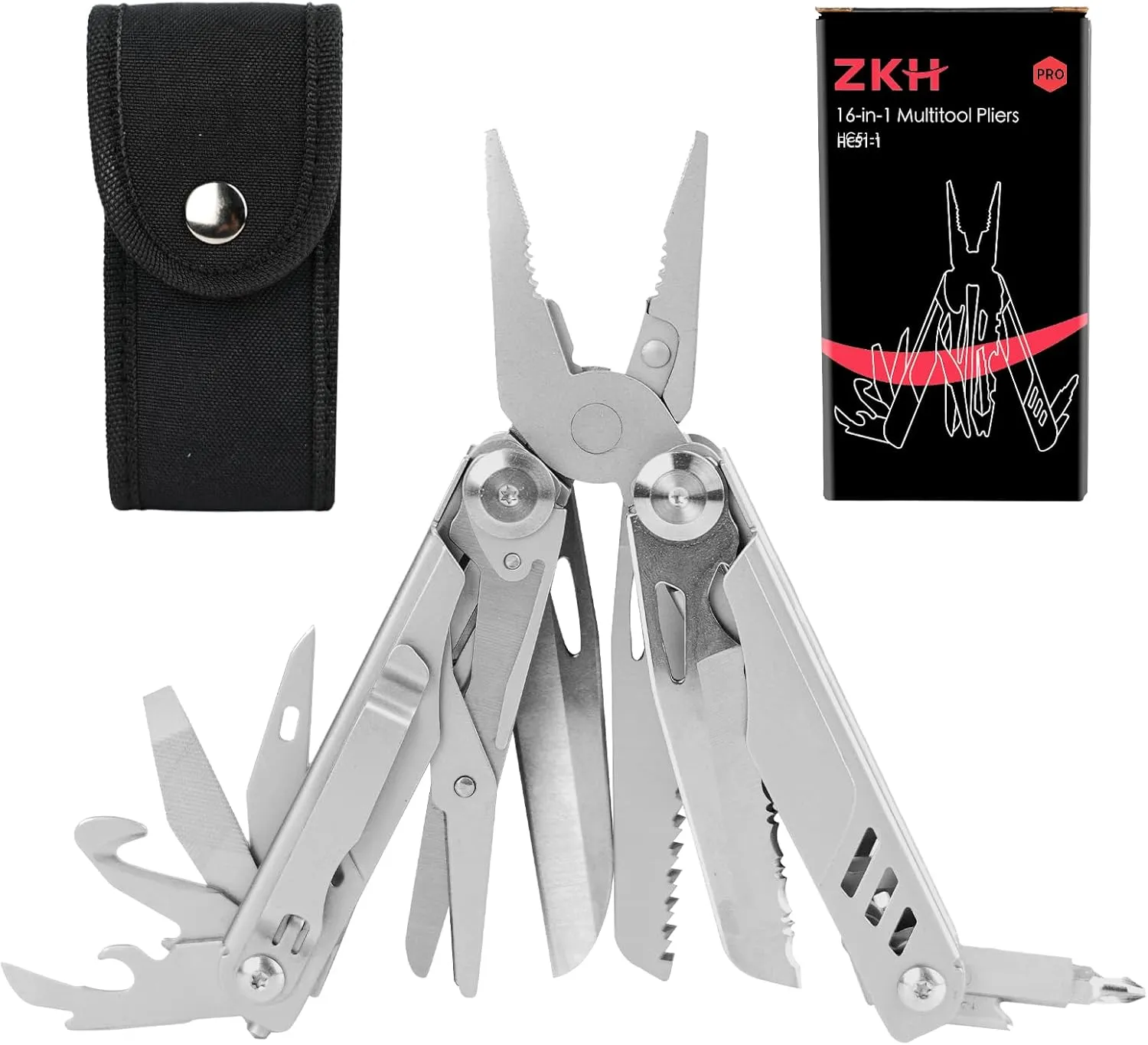 ZKH 16 in 1 Multi Tool, EDC Multitool Knife, Professional Stainless Steel Multitool Pliers with Safety Locks, Belt Clip and Sheath, Use for Survival, Camping, Hiking, Home, Simple Repairs