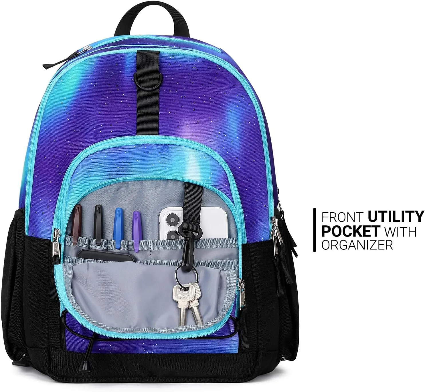 ZORFIN Backpack for School, Travel: Bookbag for Girls Boys - Kids Backpack with Multi Compartments - Night Aurora Blue