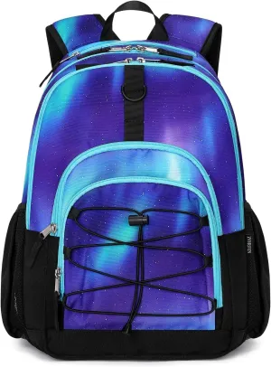 ZORFIN Backpack for School, Travel: Bookbag for Girls Boys - Kids Backpack with Multi Compartments - Night Aurora Blue