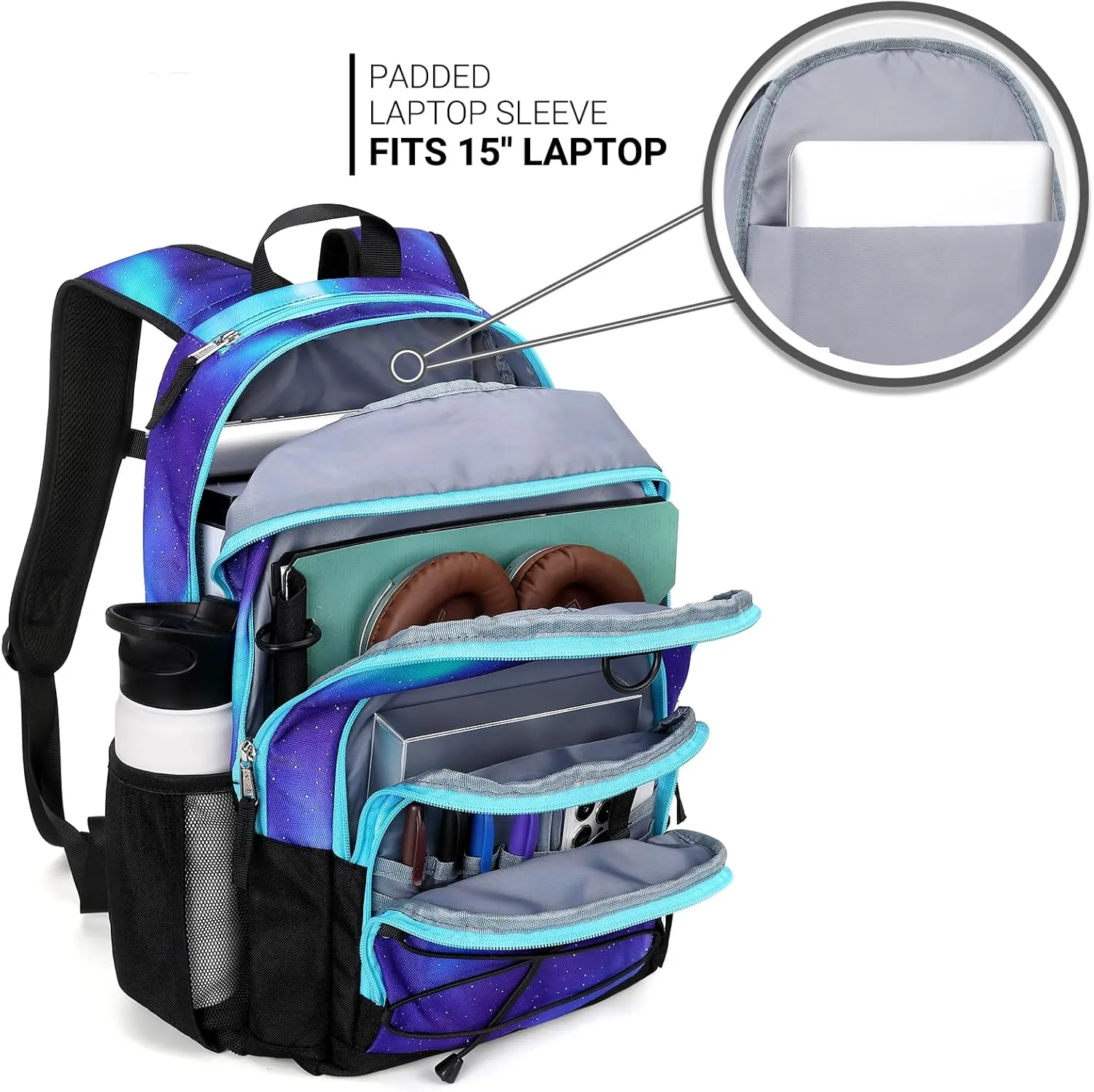 ZORFIN Backpack for School, Travel: Bookbag for Girls Boys - Kids Backpack with Multi Compartments - Night Aurora Blue