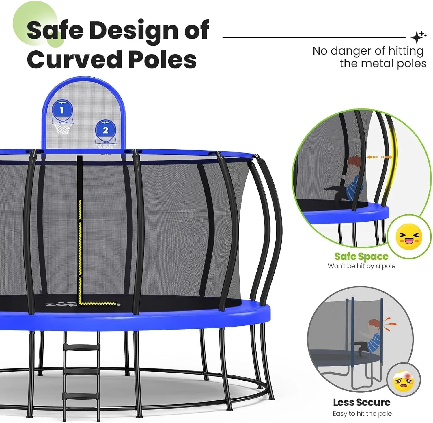 Zupapa 1800LBS Weight Capacity 2025 Double Frames Trampoline with No-Gap Design Curved Poles 16 15 14 12FT Trampolines for Kids with Enclosure Net Outdoor Trampolin for Children Adults Family